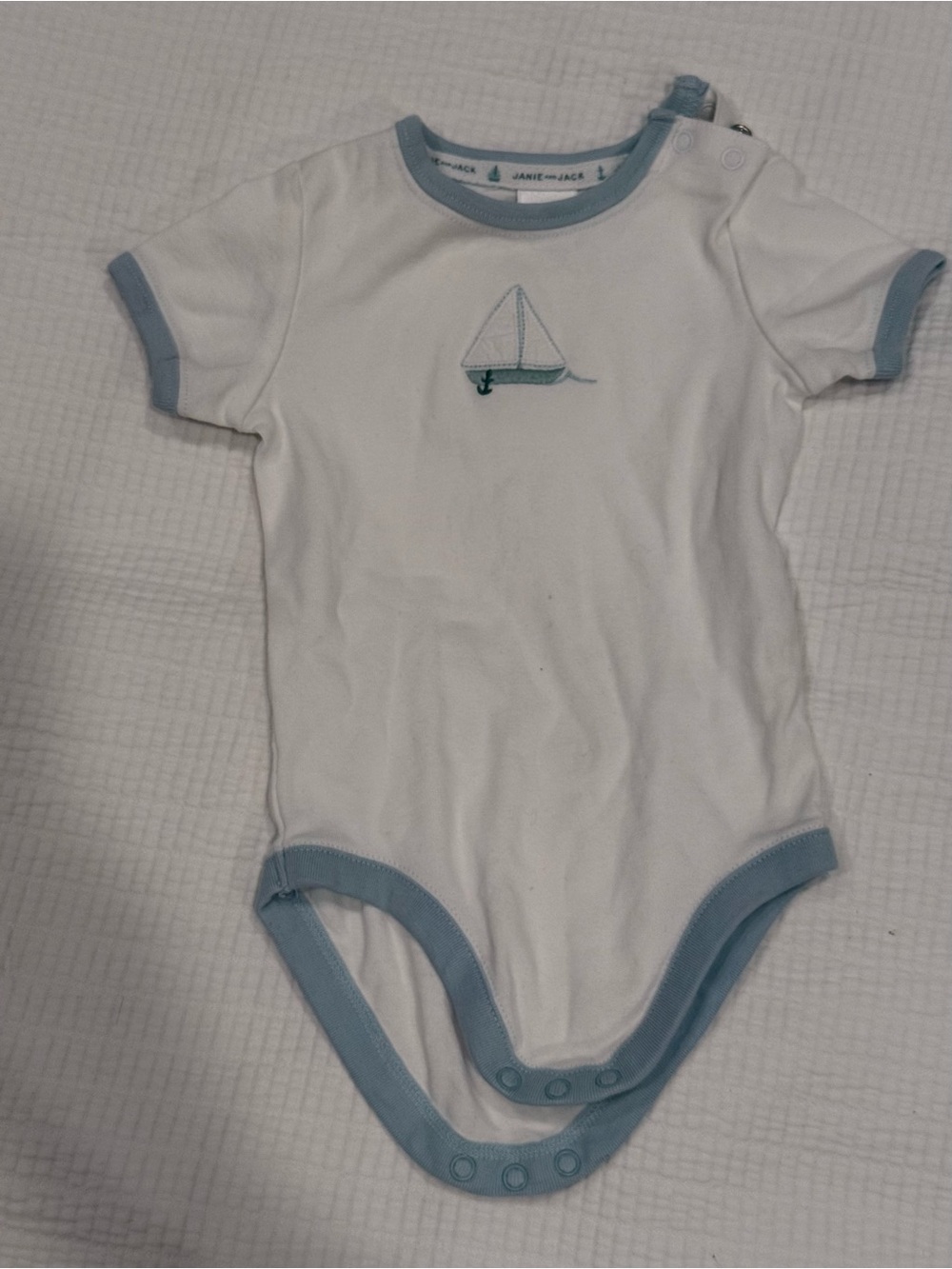 Janie and Jack White One-Piece with Light Blue Trim and Sailboat